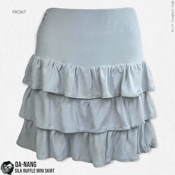 DA-NANG SURPLUS VINTAGE INDO-CHINE SILK TIERED RUFFLE MINI SKIRT PALE MUTED BLUE - Picture 4 of 9